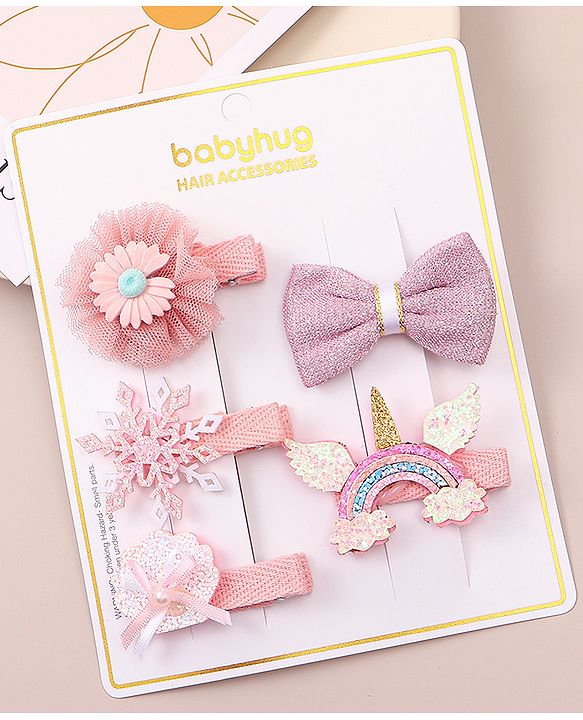 Babyhug Bow & Butterfly Clips With Floral Apptique Free Size Pack of 5 - Multicolor