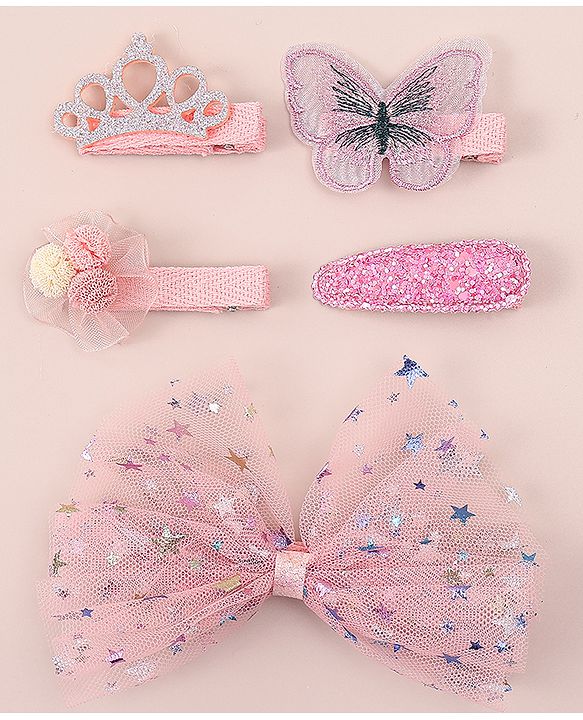Babyhug Bow & Butterfly Clips With Floral And Butterfly Apptique  Free Size Pack of 5 - Pink