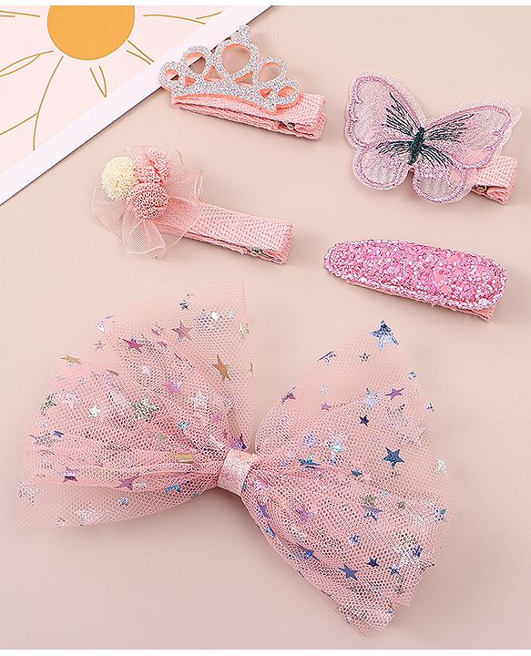 Babyhug Bow & Butterfly Clips With Floral And Butterfly Apptique  Free Size Pack of 5 - Pink