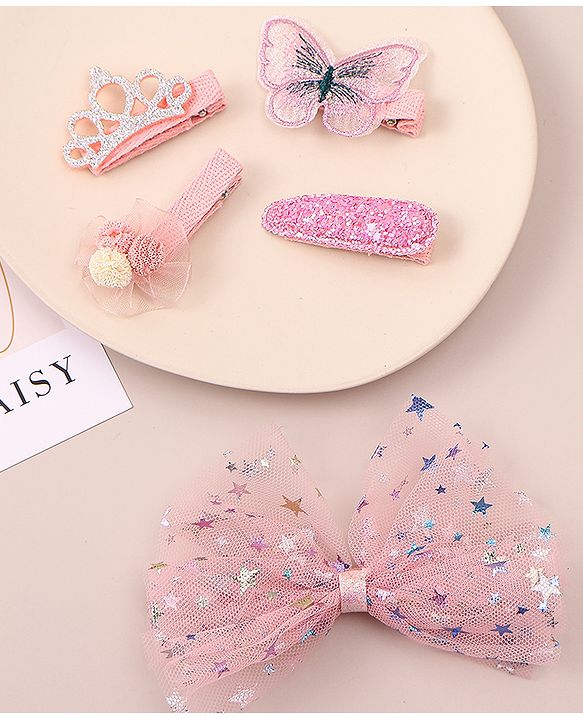 Babyhug Bow & Butterfly Clips With Floral And Butterfly Apptique  Free Size Pack of 5 - Pink
