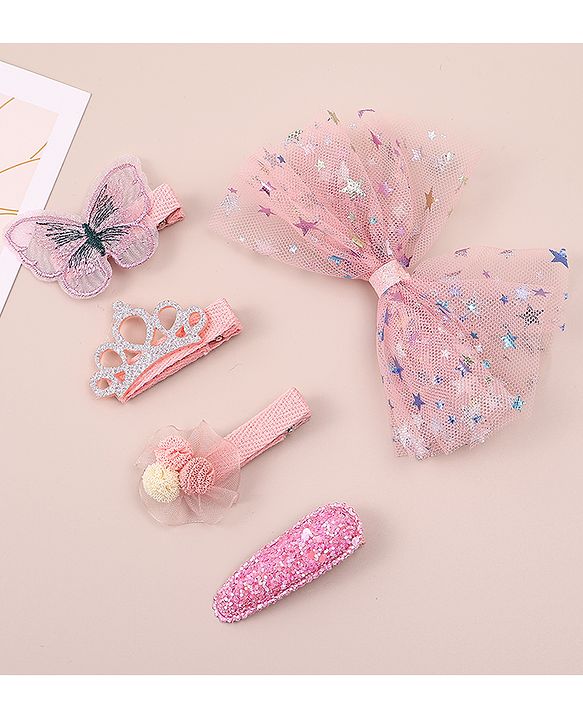 Babyhug Bow & Butterfly Clips With Floral And Butterfly Apptique  Free Size Pack of 5 - Pink