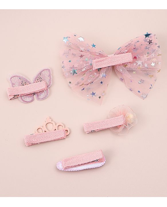 Babyhug Bow & Butterfly Clips With Floral And Butterfly Apptique  Free Size Pack of 5 - Pink