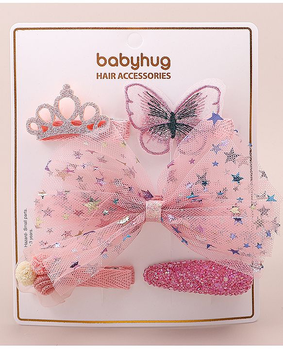 Babyhug Bow & Butterfly Clips With Floral And Butterfly Apptique  Free Size Pack of 5 - Pink