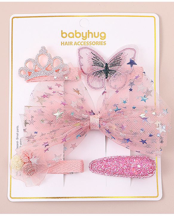 Babyhug Bow & Butterfly Clips With Floral And Butterfly Apptique  Free Size Pack of 5 - Pink