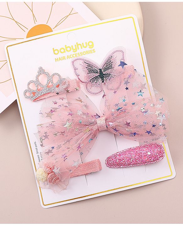 Babyhug Bow & Butterfly Clips With Floral And Butterfly Apptique  Free Size Pack of 5 - Pink