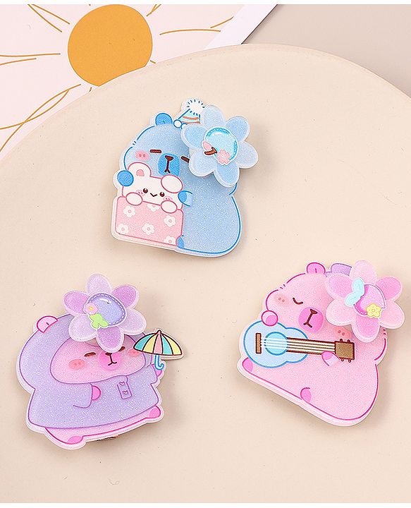 Babyhug Hair Pins And Clips With Glitter And Character Print Apptique Free Size Pack of 3 - Multicolor
