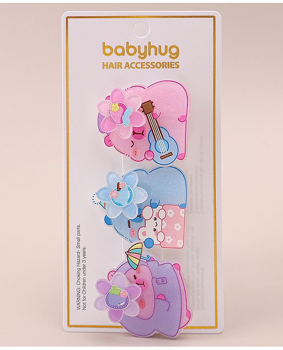 Babyhug Hair Pins And Clips With Glitter And Character Print Apptique Free Size Pack of 3 - Multicolor