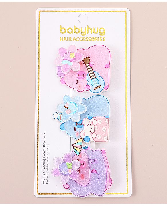 Babyhug Hair Pins And Clips With Glitter And Character Print Apptique Free Size Pack of 3 - Multicolor