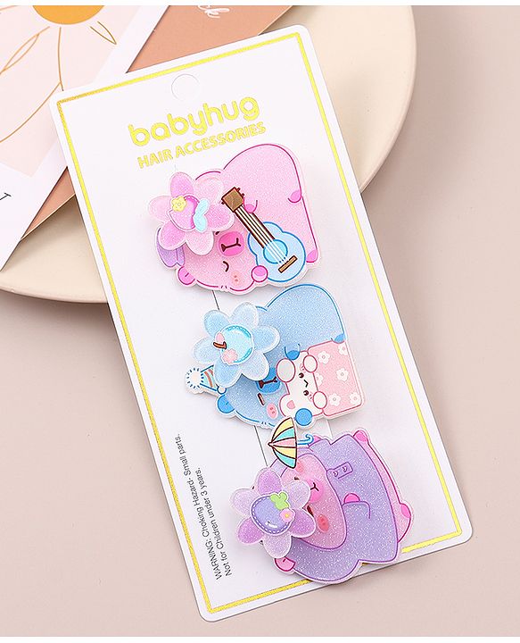 Babyhug Hair Pins And Clips With Glitter And Character Print Apptique Free Size Pack of 3 - Multicolor