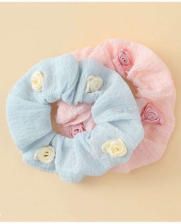 Pine Kids Rubber Bands & Scrunchies Sets  With Floral Applique Pack of 2 - Blue & Pink