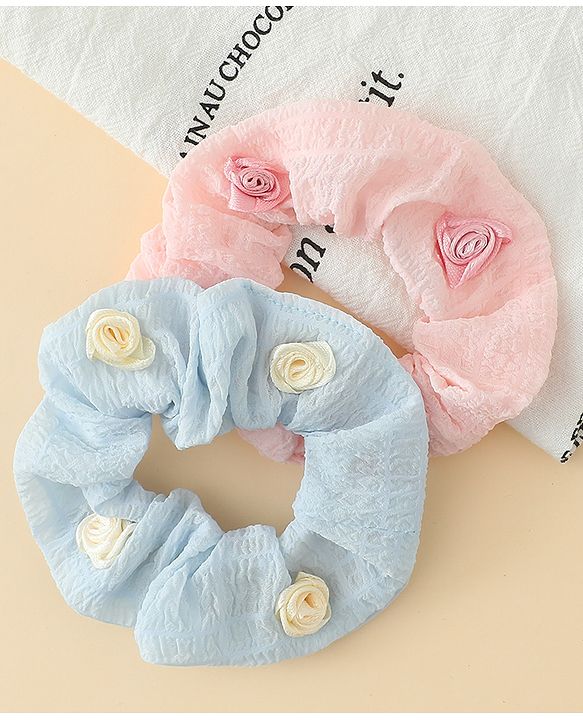 Pine Kids Rubber Bands & Scrunchies Sets  With Floral Applique Pack of 2 - Blue & Pink