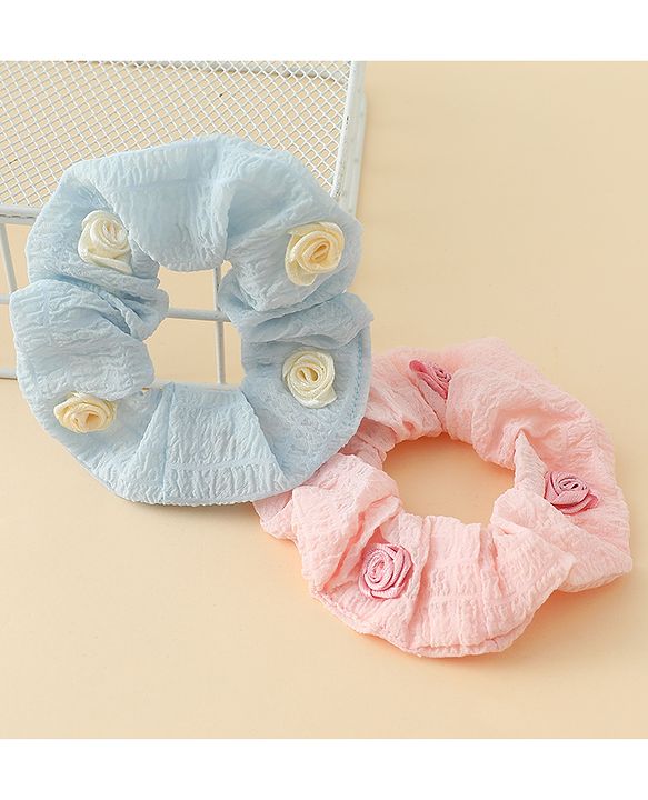 Pine Kids Rubber Bands & Scrunchies Sets  With Floral Applique Pack of 2 - Blue & Pink