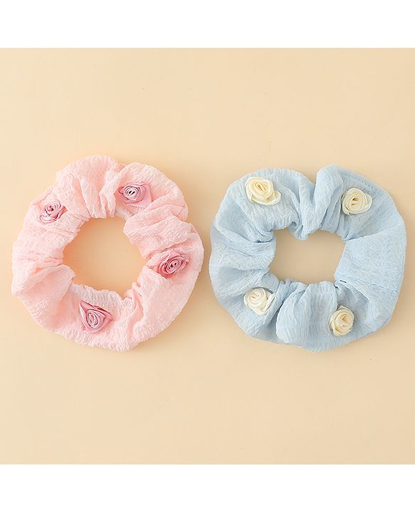 Pine Kids Rubber Bands & Scrunchies Sets  With Floral Applique Pack of 2 - Blue & Pink
