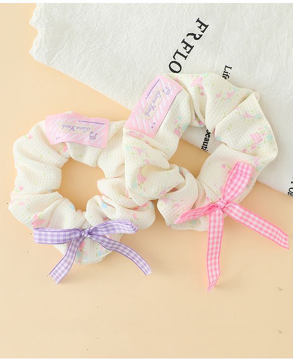 Pine Kids Rubber Bands & Scrunchies Sets With Floral Print & Bow Applique - Pink & Purple