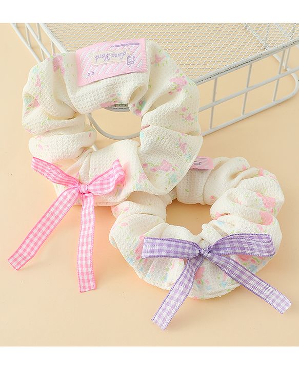 Pine Kids Rubber Bands & Scrunchies Sets With Floral Print & Bow Applique - Pink & Purple