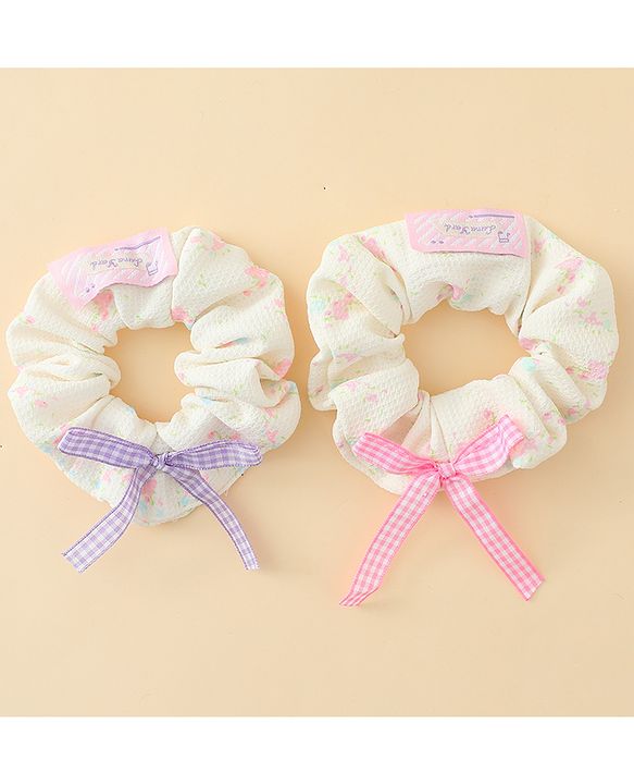 Pine Kids Rubber Bands & Scrunchies Sets With Floral Print & Bow Applique - Pink & Purple