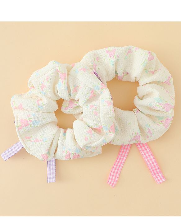 Pine Kids Rubber Bands & Scrunchies Sets With Floral Print & Bow Applique - Pink & Purple