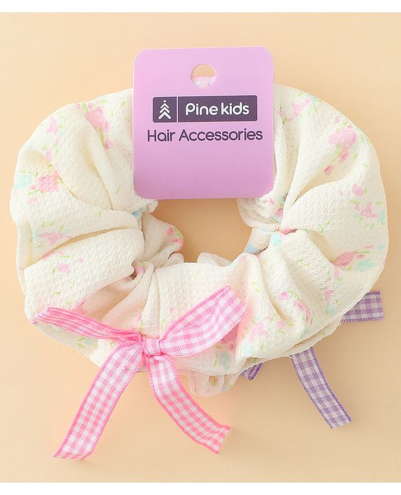 Pine Kids Rubber Bands & Scrunchies Sets With Floral Print & Bow Applique - Pink & Purple