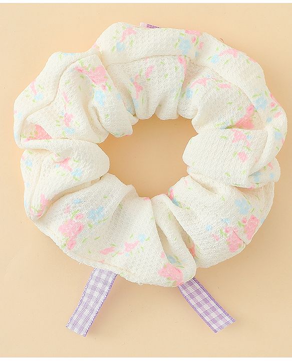 Pine Kids Rubber Bands & Scrunchies Sets With Floral Print & Bow Applique - Pink & Purple