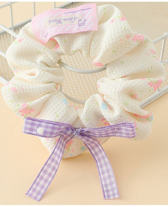 Pine Kids Rubber Bands & Scrunchies Sets With Floral Print & Bow Applique - Pink & Purple