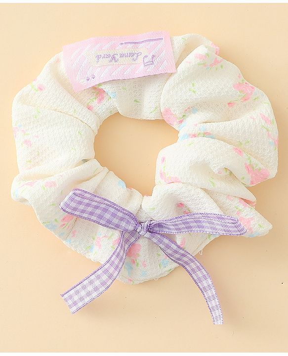 Pine Kids Rubber Bands & Scrunchies Sets With Floral Print & Bow Applique - Pink & Purple