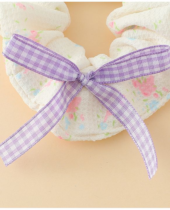 Pine Kids Rubber Bands & Scrunchies Sets With Floral Print & Bow Applique - Pink & Purple
