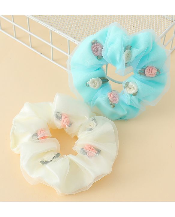 Pine Kids Scrunchie Sets With Floral Applique - Blue & White