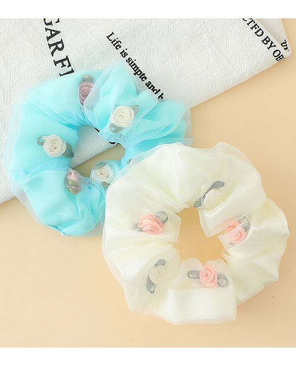 Pine Kids Scrunchie Sets With Floral Applique - Blue & White