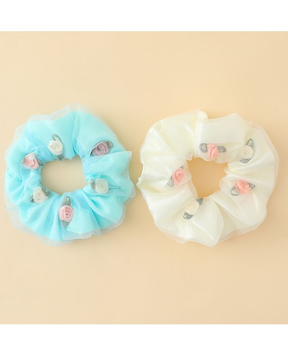 Pine Kids Scrunchie Sets With Floral Applique - Blue & White