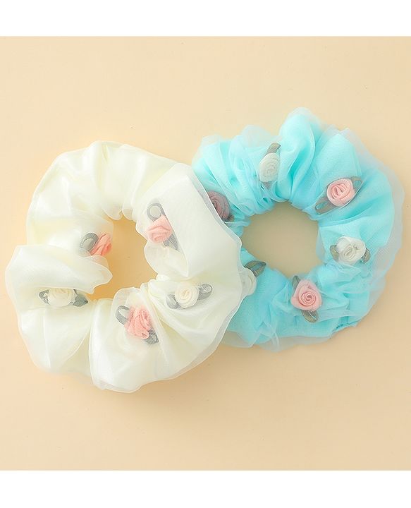 Pine Kids Scrunchie Sets With Floral Applique - Blue & White