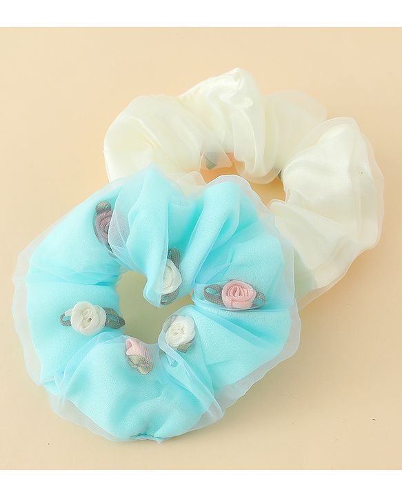 Pine Kids Scrunchie Sets With Floral Applique - Blue & White