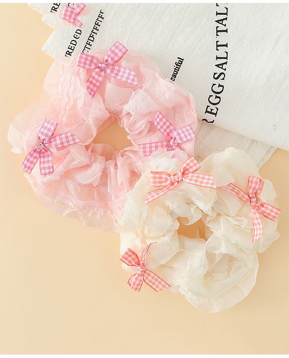 Pine Kids Rubber Bands & Scrunchies Sets With Bow Applique - White & Pink