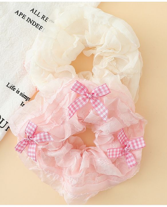 Pine Kids Rubber Bands & Scrunchies Sets With Bow Applique - White & Pink