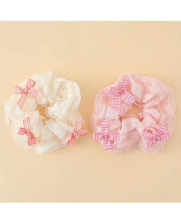 Pine Kids Rubber Bands & Scrunchies Sets With Bow Applique - White & Pink