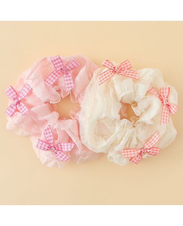 Pine Kids Rubber Bands & Scrunchies Sets With Bow Applique - White & Pink