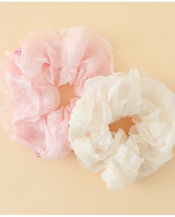 Pine Kids Rubber Bands & Scrunchies Sets With Bow Applique - White & Pink