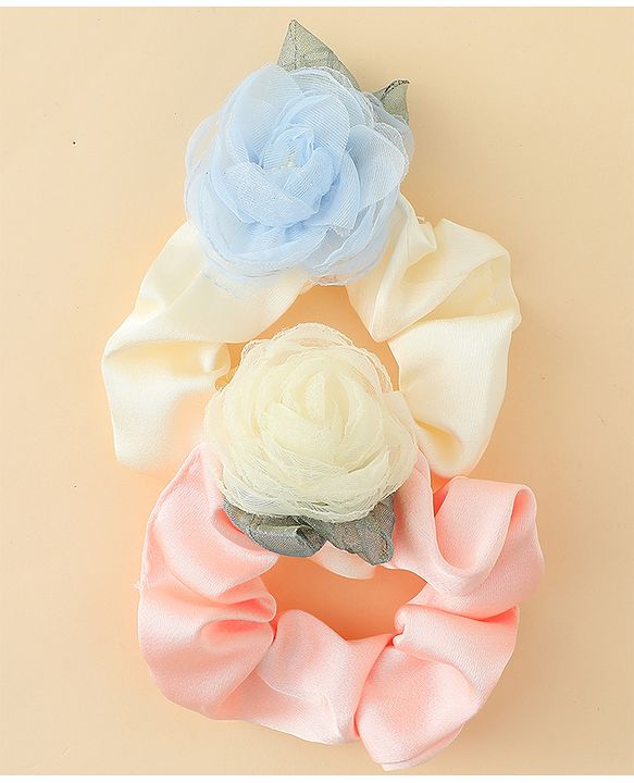 Pine Kids Rubber Bands & Scrunchies Sets With Floral Applique - Pink and Cream