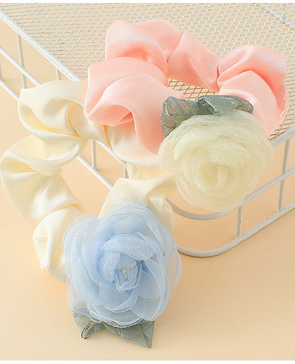 Pine Kids Rubber Bands & Scrunchies Sets With Floral Applique - Pink and Cream
