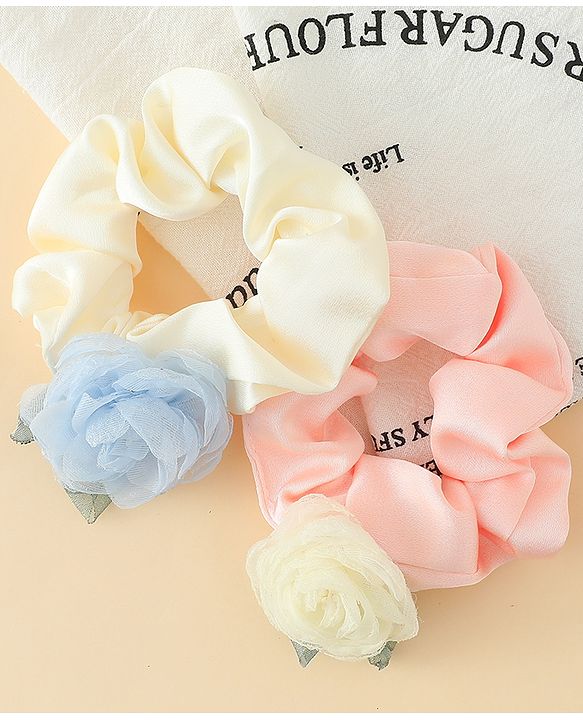 Pine Kids Rubber Bands & Scrunchies Sets With Floral Applique - Pink and Cream