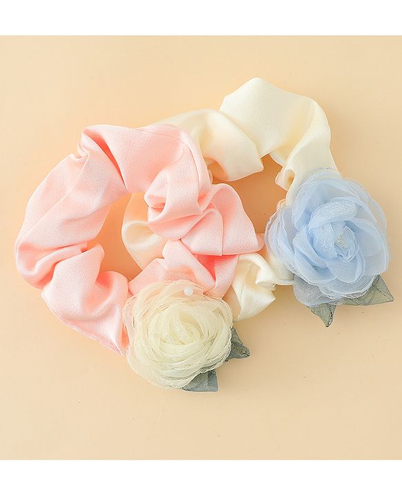 Pine Kids Rubber Bands & Scrunchies Sets With Floral Applique - Pink and Cream
