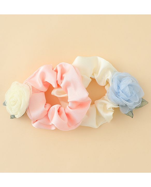 Pine Kids Rubber Bands & Scrunchies Sets With Floral Applique - Pink and Cream