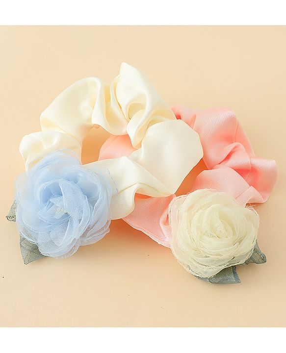 Pine Kids Rubber Bands & Scrunchies Sets With Floral Applique - Pink and Cream