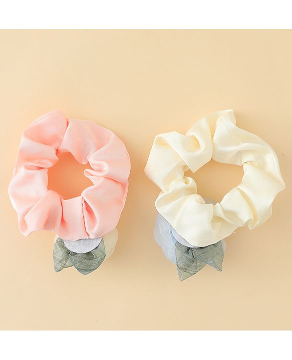 Pine Kids Rubber Bands & Scrunchies Sets With Floral Applique - Pink and Cream