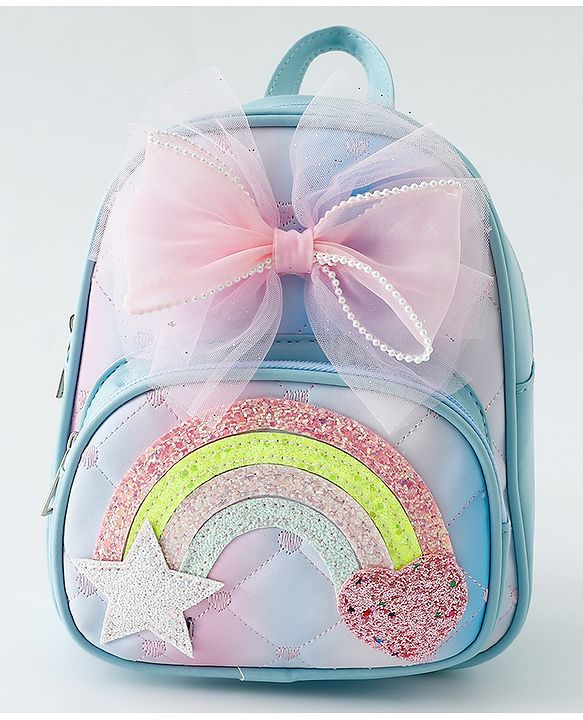 Babyhug Fashion Backpack with Hearts & Bow Applique - Blue