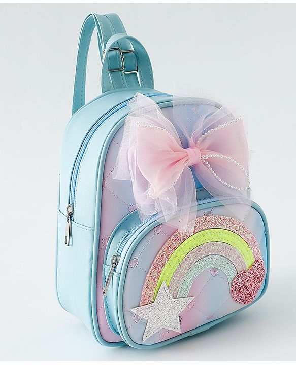 Babyhug Fashion Backpack with Hearts & Bow Applique - Blue