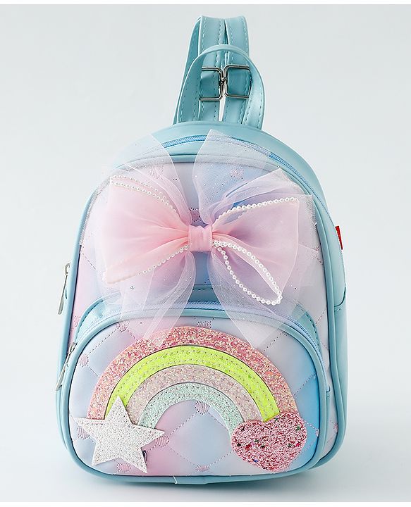 Babyhug Fashion Backpack with Hearts & Bow Applique - Blue