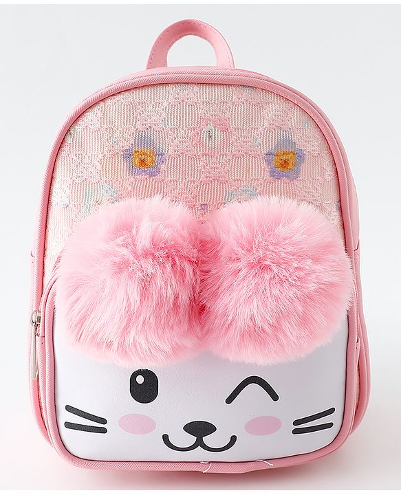 Babyhug Fashion Backpacks With Cat Printed Design & Fur Ears - Pink