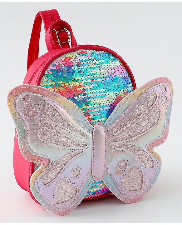 Babyhug Fashion Backpack with Hearts & Butterfly Applique - Fuchsia