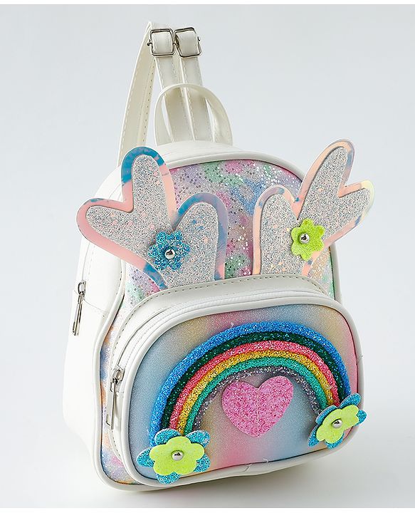 Babyhug Fashion Backpack with Hearts & Flower Applique - White