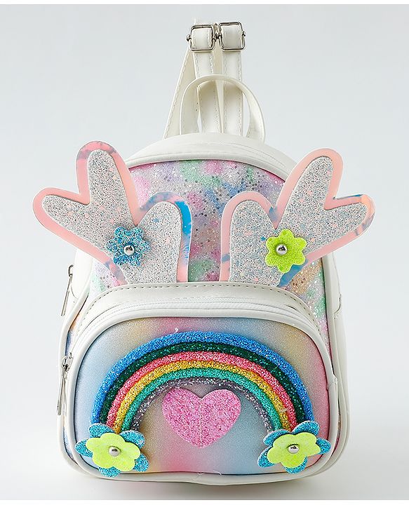 Babyhug Fashion Backpack with Hearts & Flower Applique - White